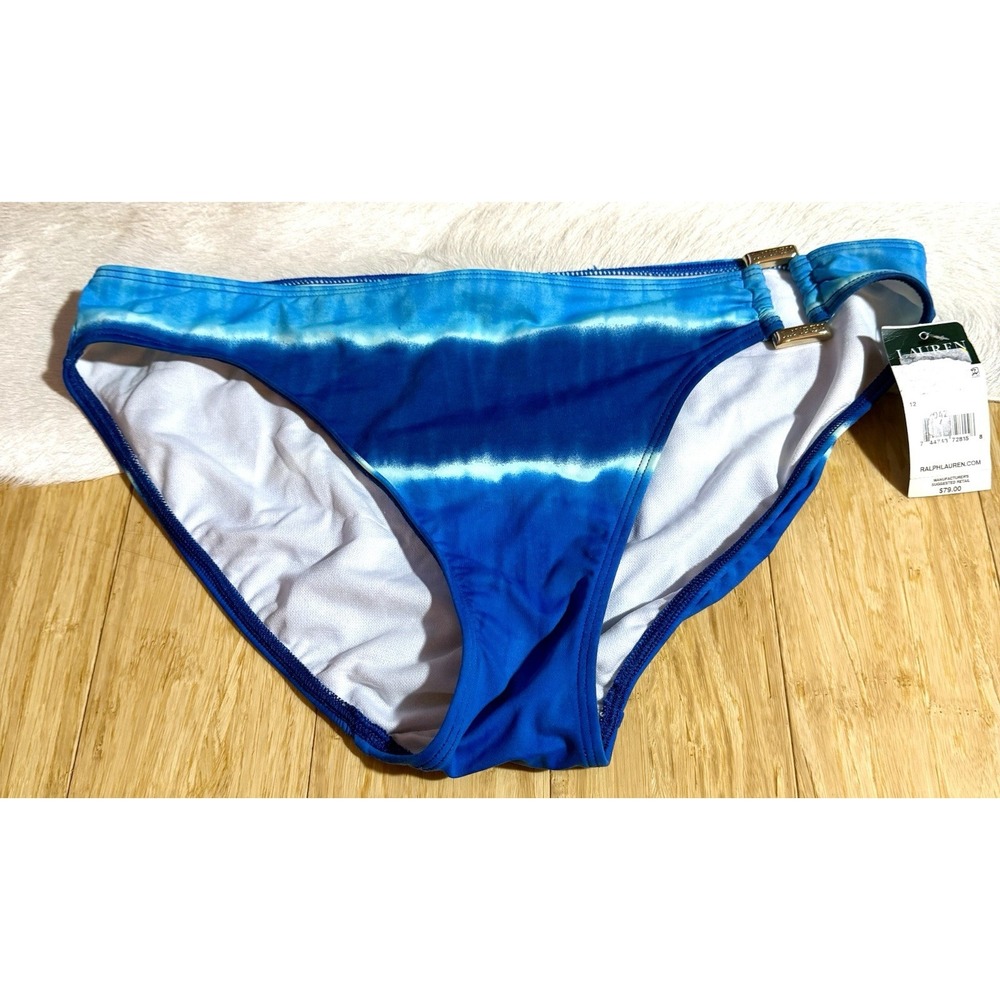 Lauren Ralph‎ Lauren Women's Blue Swimsuit Bottoms With Gold Buckle Logo Size 12